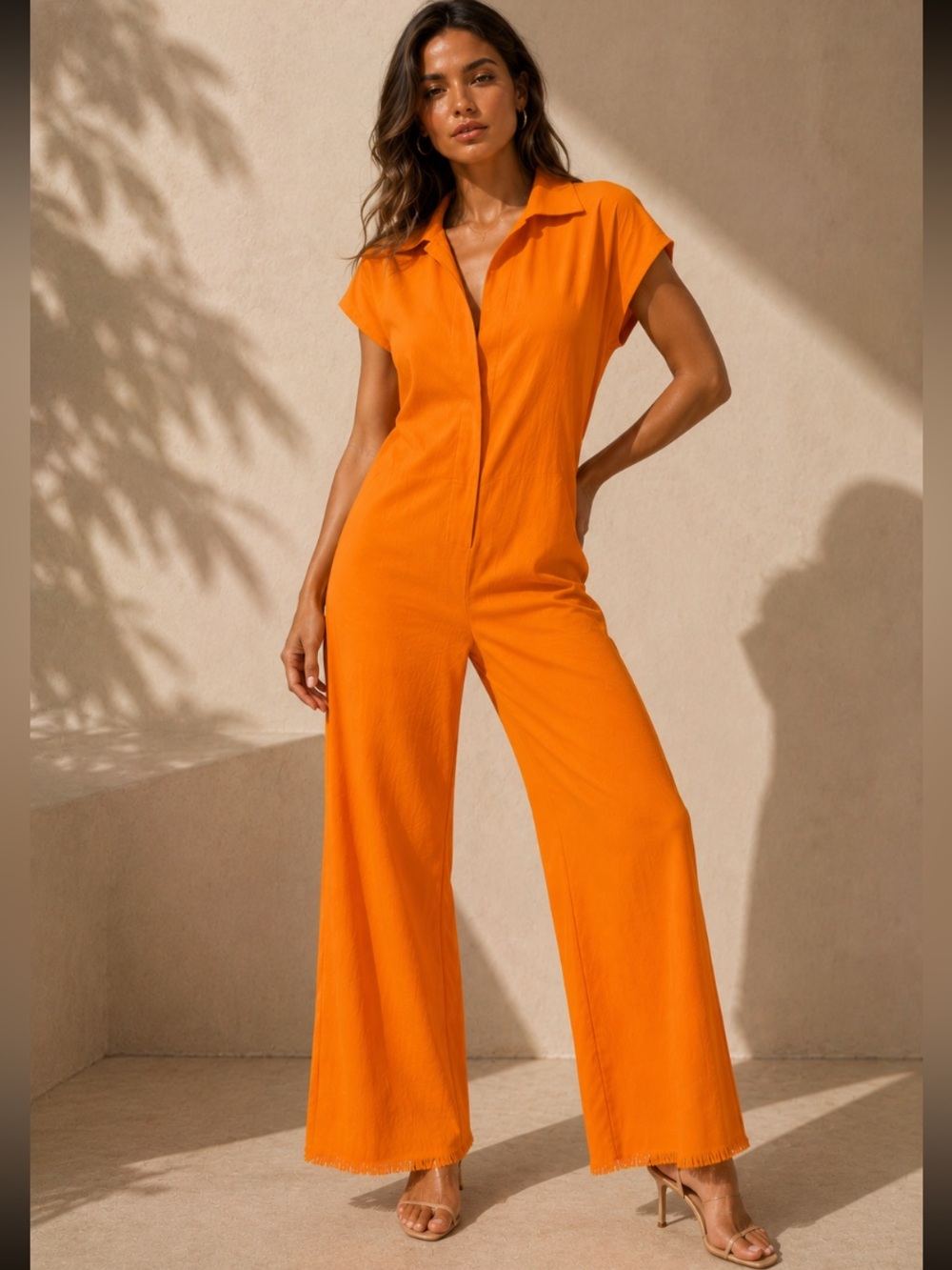 Zara Orange Jacquard Jumpsuit with Belted Waist and Wide-Leg Design